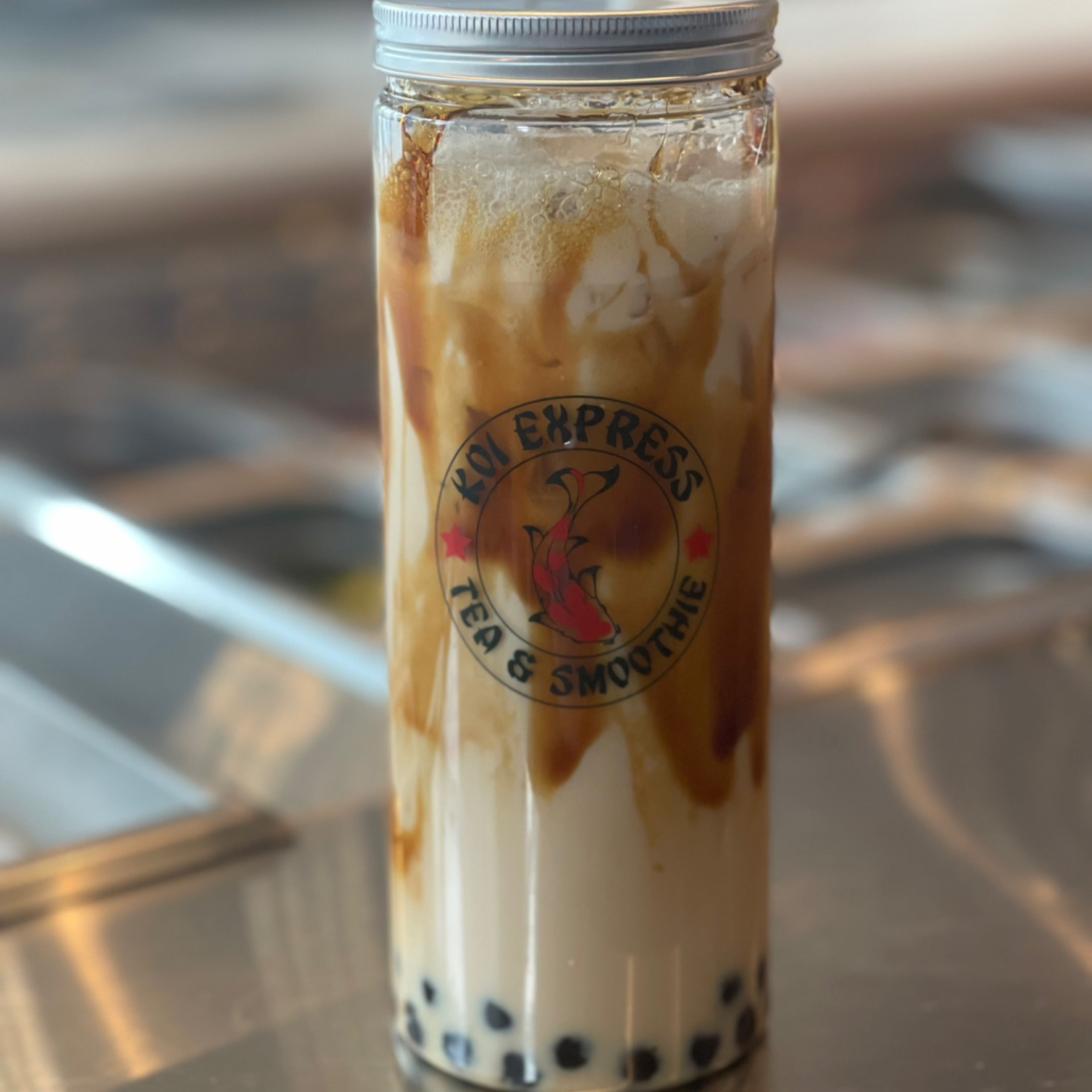 Caramel Bubble Milk Black Tea w Dark Brown Sugar & Tapioca Boba | Koi ...